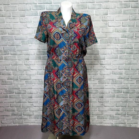 Vintage 80s Leslie Fay 12 Geo Abstract Button Front Shirt Midi Dress - Picture 2 of 10